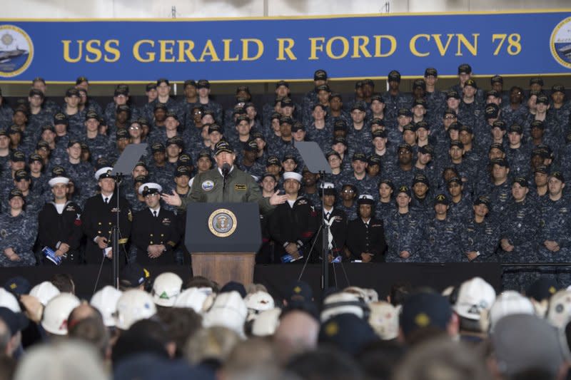 President Donald Trump outlines his defense budget aboard the USS Gerald R. Ford at Newport News Shipbuilding in Newport News, Va., on March 2. On November 9, 2013, the USS Gerald R. Ford was christened by the late president's daughter, Susan Ford Bales. The ship is the first of a new class of technologically advanced U.S. nuclear aircraft carriers. File Photo by Kevin Dietsch/UPI