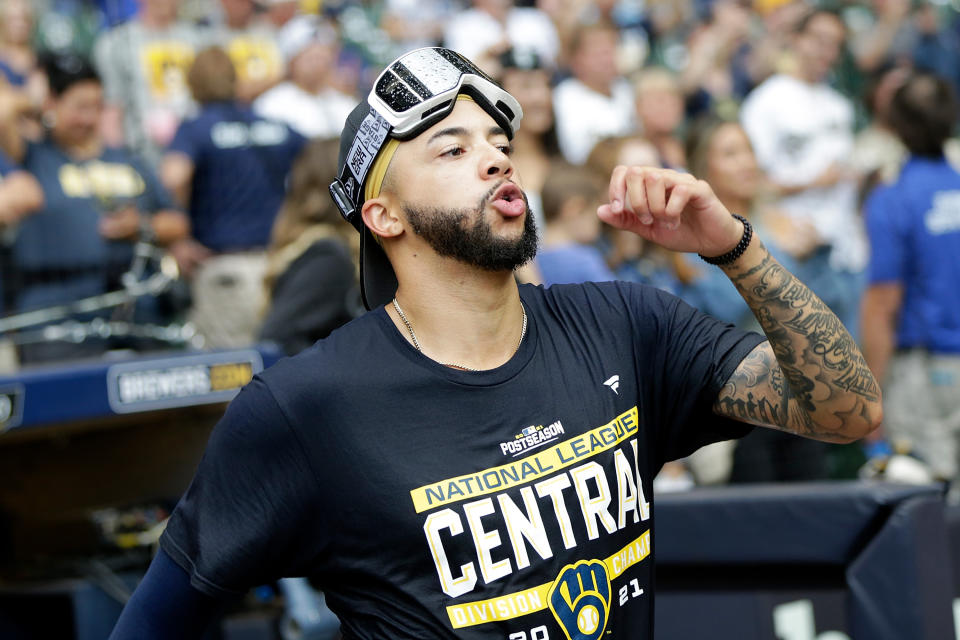 MILWAUKEE, WISCONSIN - SEPTEMBER 26: Devin Williams #38 of the Milwaukee Brewers celebrates winning the Central Division title after the game against the New York Mets at American Family Field on September 26, 2021 in Milwaukee, Wisconsin. Brewers defeated the Mets 8-4. (Photo by John Fisher/Getty Images)