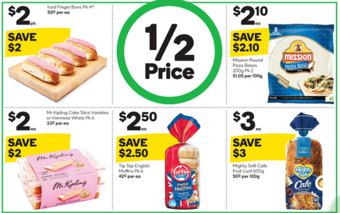 Five food products selling at half-price at Woolworths.