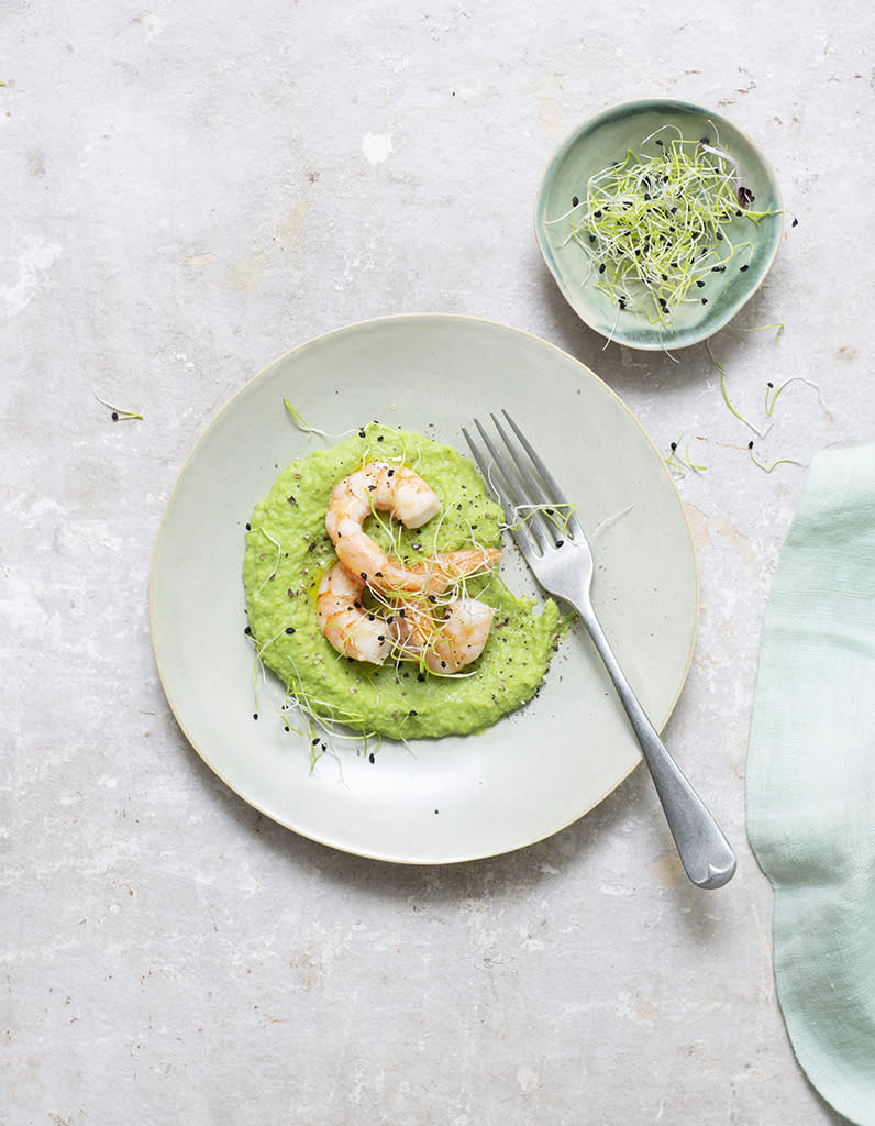 Crème de petits pois et gambas