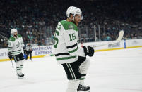 Dallas Stars center Joe Pavelski reacts after scoring against the Seattle Kraken during the second period of Game 4 of an NHL hockey Stanley Cup second-round playoff series Tuesday, May 9, 2023, in Seattle. (AP Photo/Lindsey Wasson)