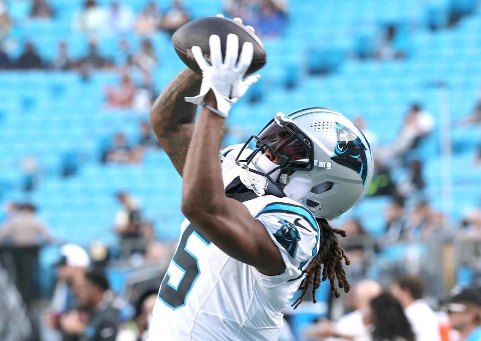 Carolina Panthers wide receiver Laviska Shenault Jr., catches a pass during a pregame warmup on Monday, September 18, 2023. The Panthers host the New Orleans Saints in NFL action at Bank of America Stadium.