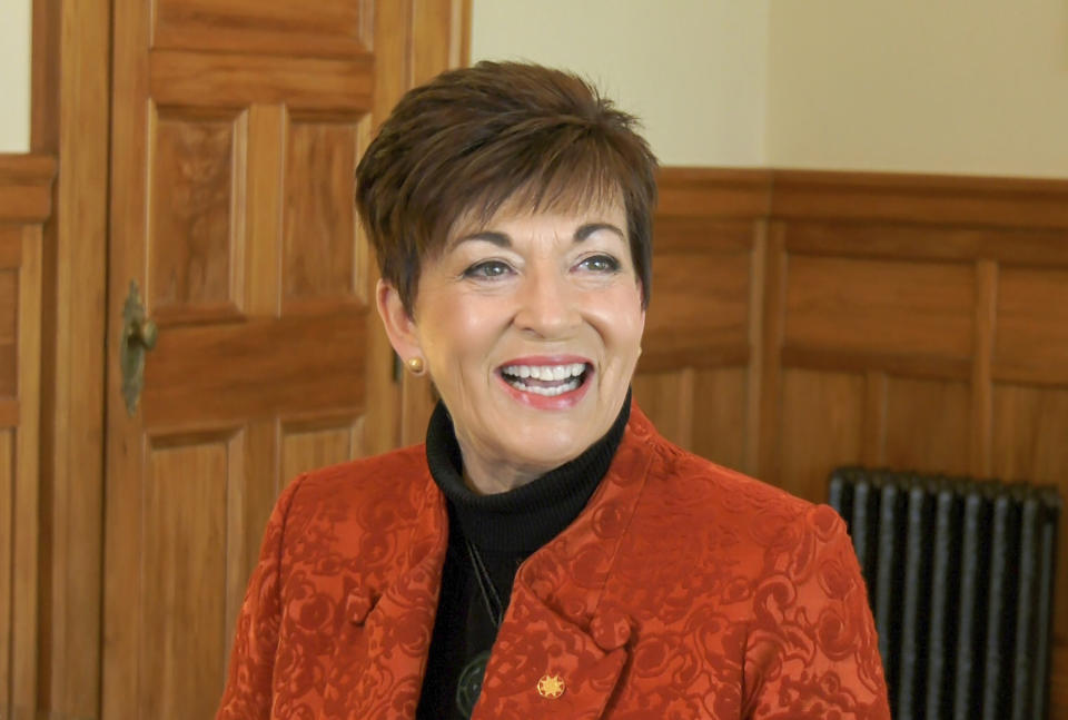 New Zealand’s Governor-General Patsy Reddy speaks during an interview with the Associated Press, Wednesday, Aug. 4, 2021, in Wellington, New Zealand. Reddy says Prince Harry and Meghan discussed moving to New Zealand during a 2018 visit, more than a year before announcing they were stepping back from royal duties and moving to North America. (AP Photo Sam James)