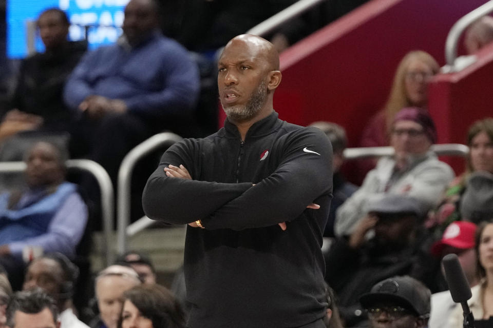 Portland Trail Blazers head coach Chauncey Billups watches from the sideline during the second half of an NBA basketball game against the Detroit Pistons, Monday, March 6, 2023, in Detroit. (AP Photo/Carlos Osorio)