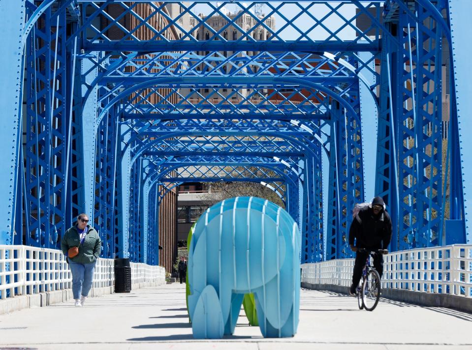 An art installation on the Blue Bridge in downtown Grand Rapids on Friday, April 19, 2024.