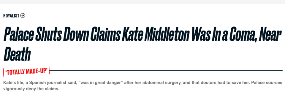 Headline from Royalist dismissing false claims about Kate Middleton's health, saying palace refutes her being in a coma