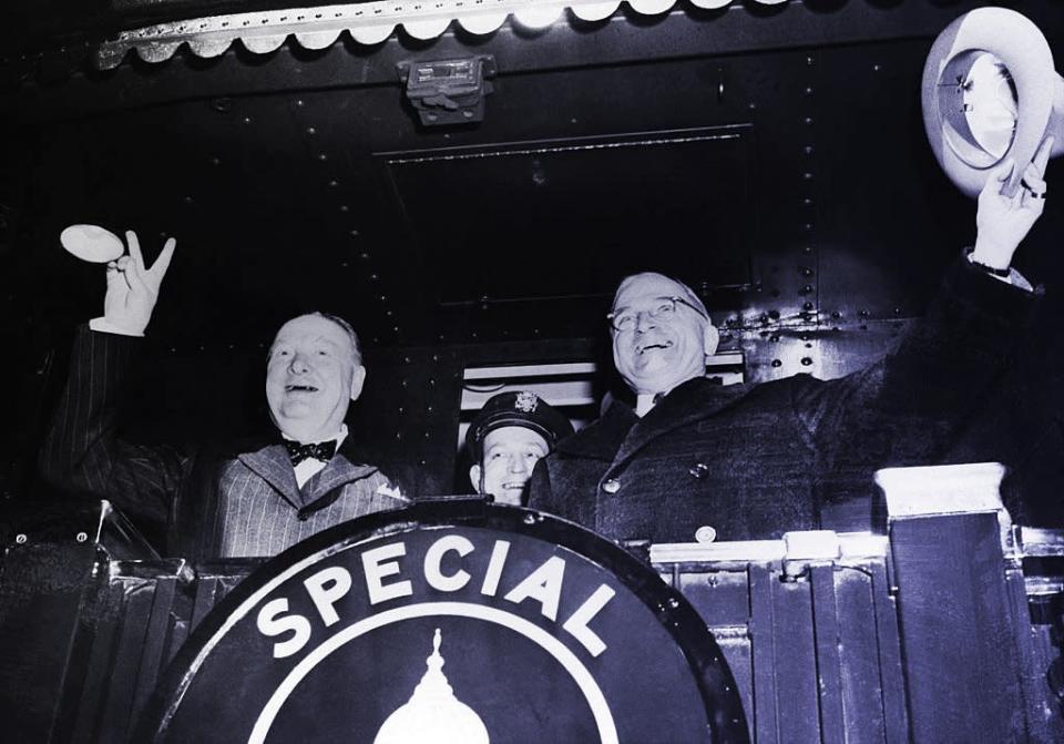 Churchill e Truman a caminho de Fulton, no Missouri (Estados Unidos), onde Churchill fez seu famoso discurso &quot;Os pilares da paz&quot;
