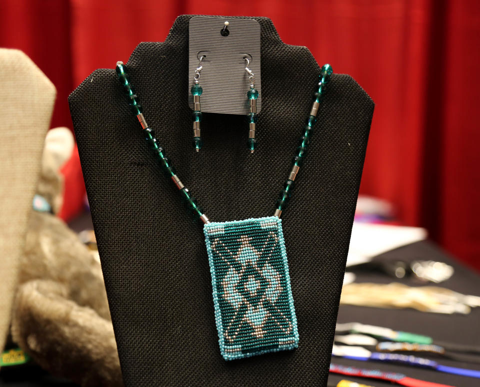 A beaded necklace by Yonavea Hawkins, who was named the 2023 Red Earth Honored One at Red Earth Festival at the National Cowboy & Western Heritage Museum, is seen on June 2.