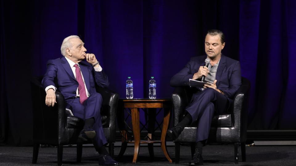 Martin Scorsese and Leonardo DiCaprio speak during “A Conversation with Martin Scorsese” and Legend of Cinema Award Presentation during CinemaCon 2023. - Credit: Getty Images for CinemaCon