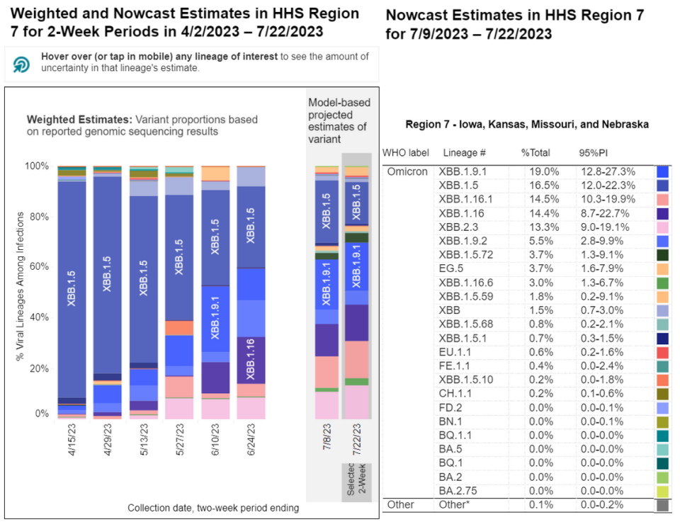 This graph shows the breakdown of COVID-19 variants found in HHS Region 7, which includes Kansas and Missouri, in recent weeks. The dominant strains are all subvariants of the XBB lineage.