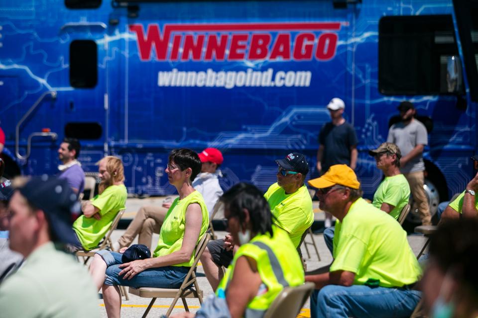 Winnebago Industries employees listen as Vice President Mike Pence speaks on reopening local and Midwest businesses on June 16, 2020 in Forest City.