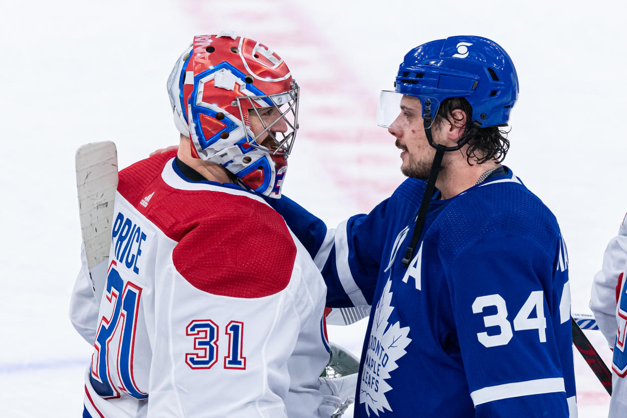 TORONTO, ON - MAY 31: Toronto Maple Leafs Center Auston Matthews (34) and Montreal Canadiens Goalie Carey Price (31) shake hands after NHL Stanley Cup Playoffs First Round Game 7 between the Montreal Canadiens and the Toronto Maple Leafs on May 31, 2021, at Scotiabank Arena in Toronto, ON, Canada. (Photo by Julian Avram/Icon Sportswire via Getty Images)