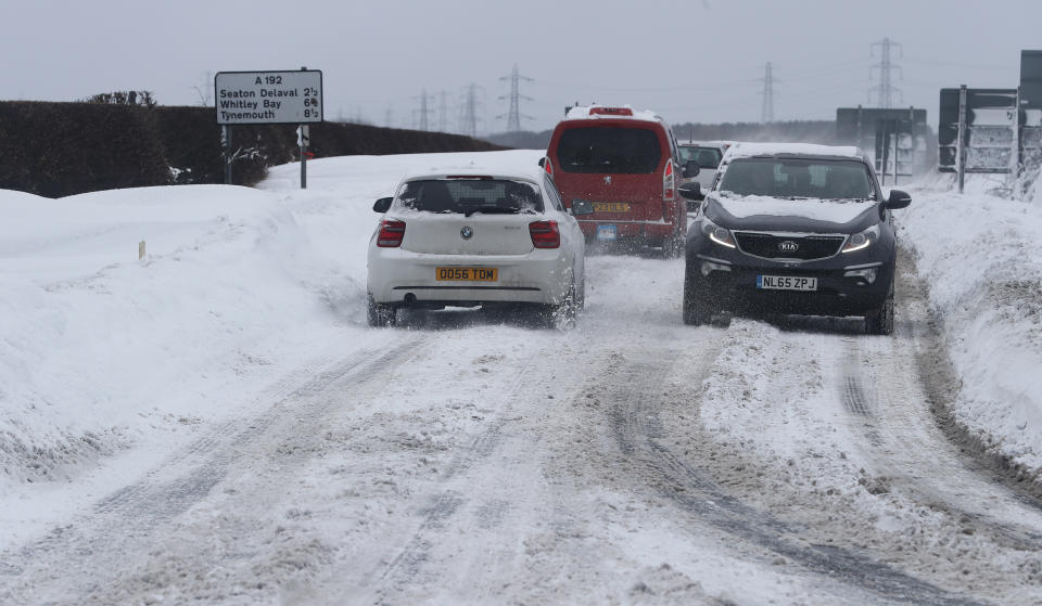 Cars in snowy conditions on the A192 near Blyth in Northumberland, as storm Emma, rolling in from the Atlantic, looks poised to meet the Beast from the East's chilly Russia air - causing further widespread snowfall and bitter temperaturess.