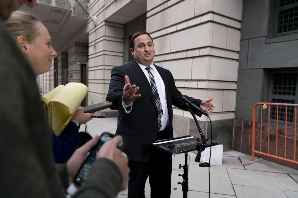 Attourney Scott Weinberg representing David Moerschel of Punta Gorda, Fla., speaks outside federal court in Washington, Monday, Jan. 23, 2023, after Moerschel and three other members of the Oath Keepers were convicted of seditious conspiracy in the Jan. 6, 2021 Capitol attack in the second major trial involving far-right extremists accused of plotting to forcibly keep President Donald Trump in power. (AP Photo/Andrew Harnik)