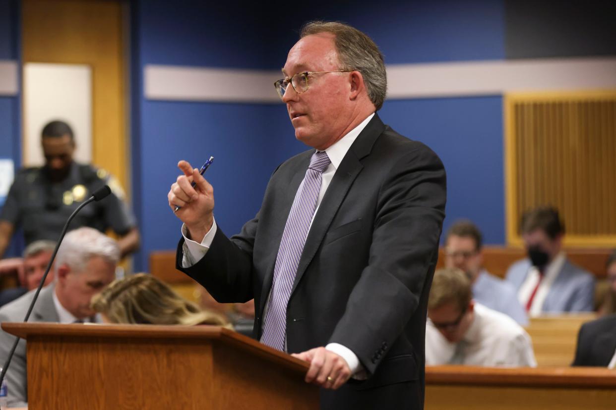 Attorney Richard Rice, representing Robert Cheeley, questions witness Terrence Bradley, during a hearing last month in the Donald Trump election interference case. On March 1, Rice alleged that District Attorney Fani Willis and Special Prosecutor Nathan Wade "basically lived Robin Leach’s ‘Lifestyle of the Rich and Famous. They did this riding on the backs of defendants in this case, funded by the taxpayers of Fulton County and the state of Georgia.”