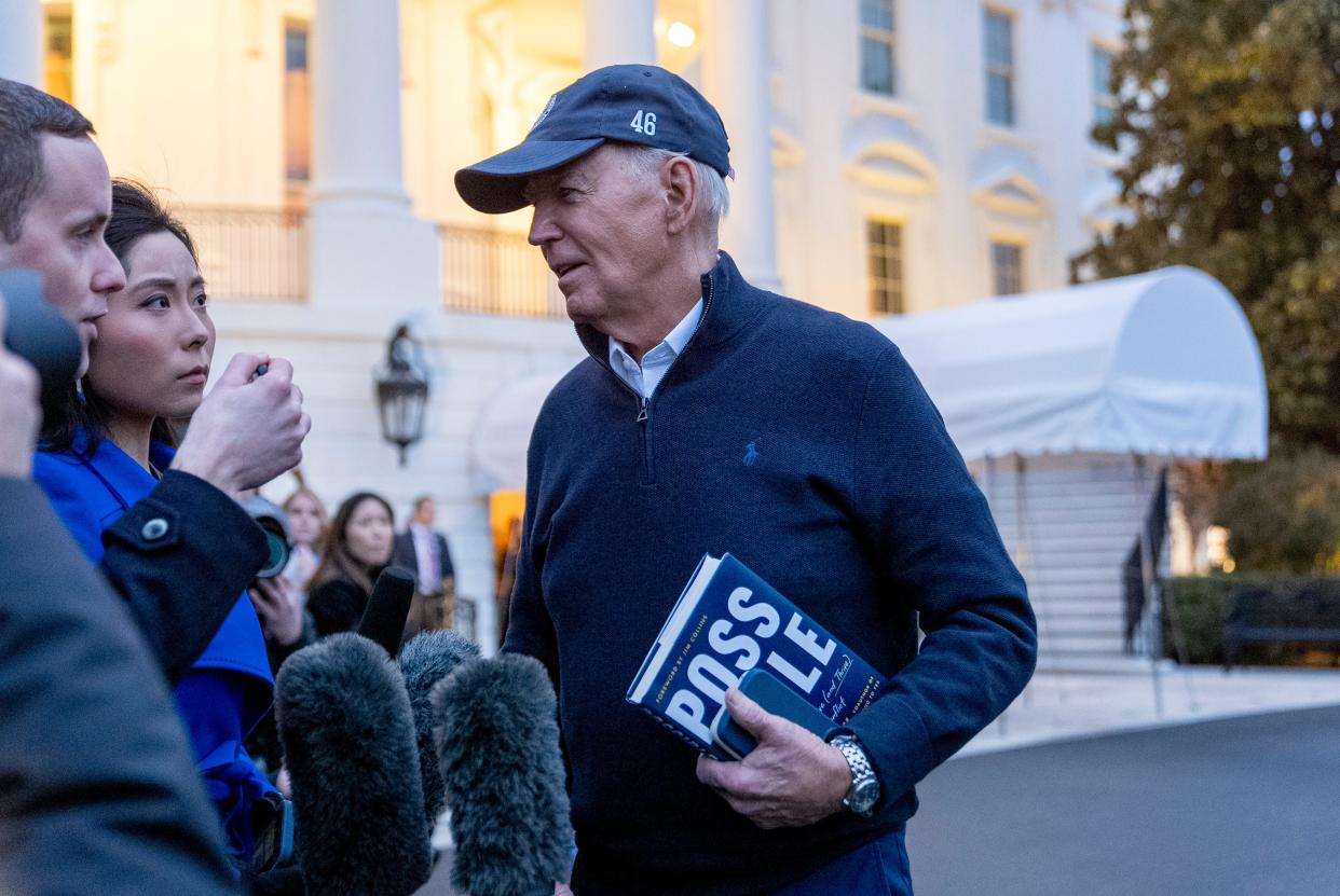 President Joe Biden speaks to members of the media before boarding Marine One on the South Lawn of the White House in Washington, Friday, March 1, 2024, to travel to Camp David, Md., for the weekend.