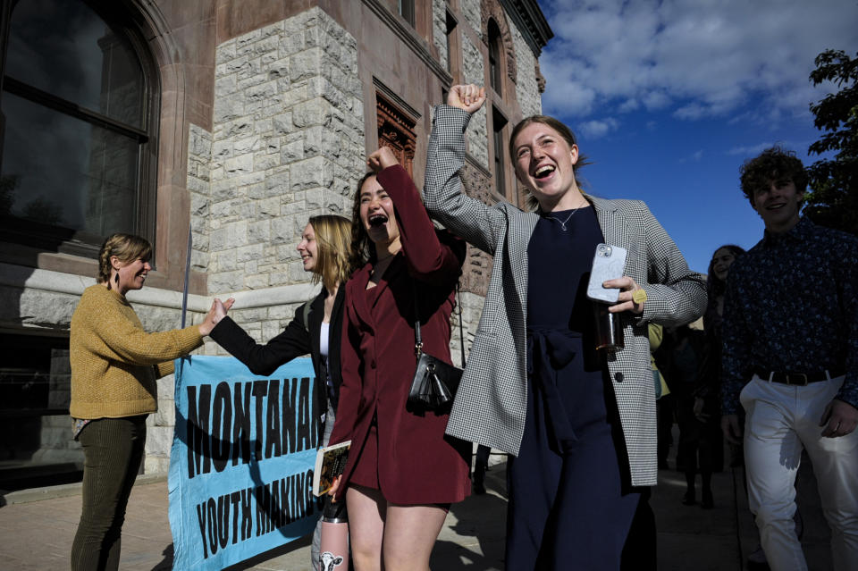 FILE - Youth plaintiffs in the climate change lawsuit, Held vs. Montana, arrive at the Lewis and Clark County Courthouse, on June 20, 2023, in Helena, Mont., for the final day of the trial. A Montana judge on Monday, Aug. 14, sided with young environmental activists who said state agencies were violating their constitutional right to a clean and healthful environment by permitting fossil fuel development without considering its effect on the climate. (Thom Bridge/Independent Record via AP, File)