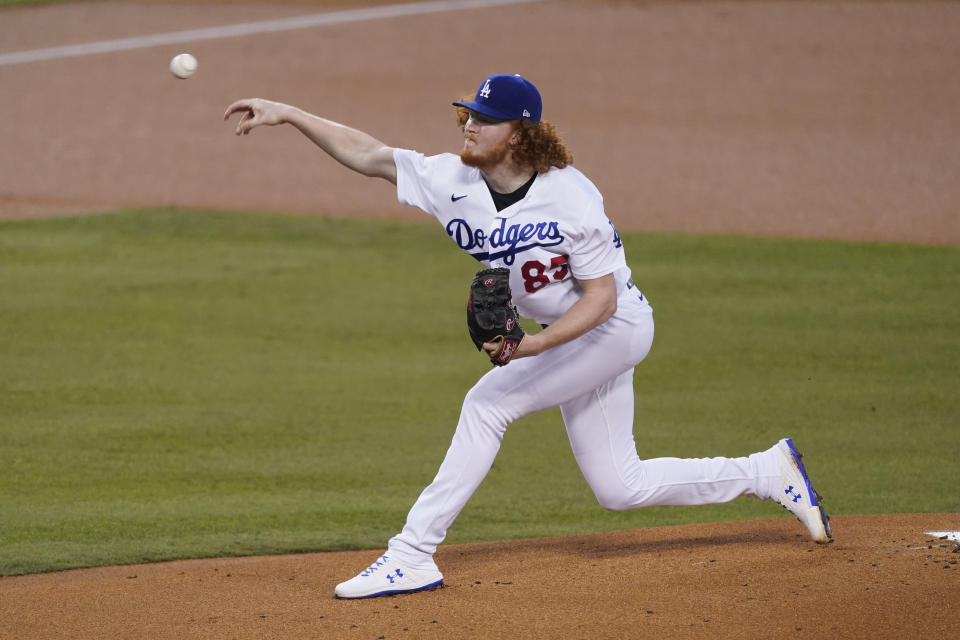 Los Angeles Dodgers starting pitcher Dustin May throws during the first inning of a baseball game against the Oakland Athletics Tuesday, Sept. 22, 2020, in Los Angeles. (AP Photo/Ashley Landis)