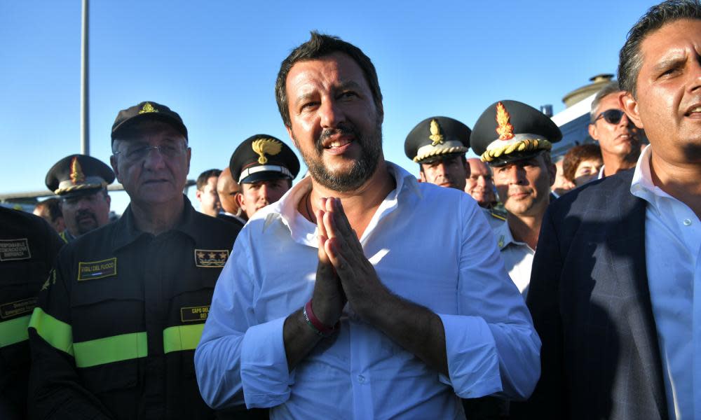 Matteo Salvini at the site of the bridge collapse in Genoa