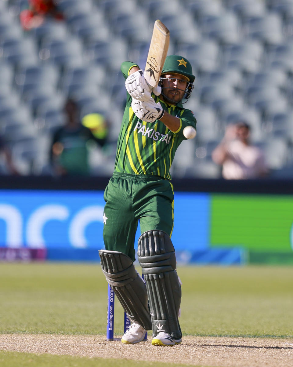 Pakistan's Mohammad Haris bats during the T20 World Cup cricket match between Pakistan and Bangladesh in Adelaide, Australia, Sunday, Nov. 6, 2022. (AP Photo/James Elsby)