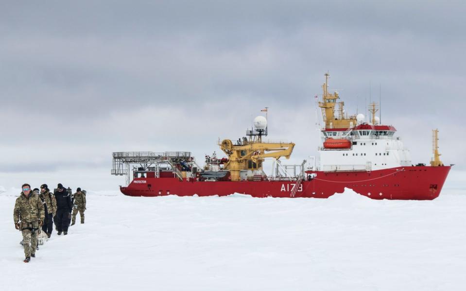 HMS Protector, the Royal Navy icebreaker and ice patrol ship, on operations. The ship is frequently deployed to the Antarctic