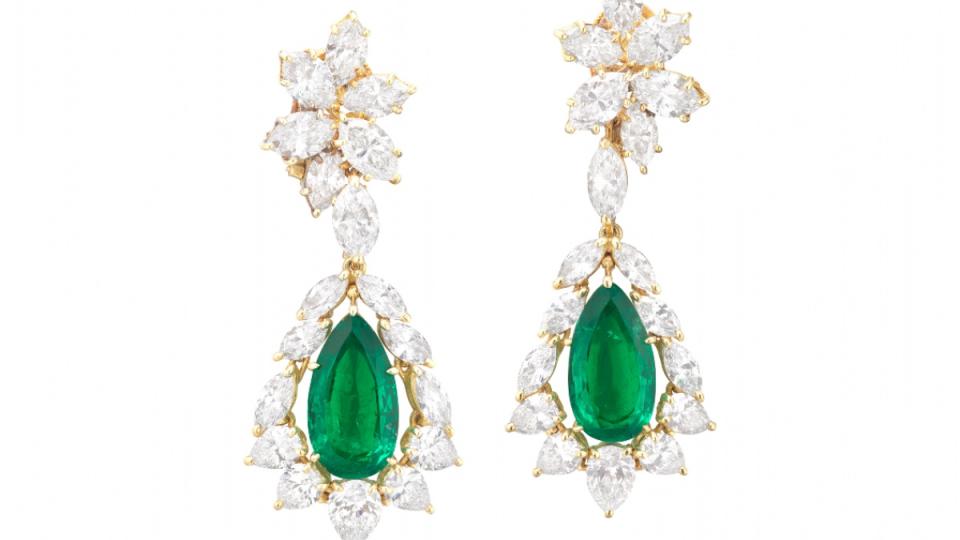 Harry Winston Colombian Emerald and Diamond Earrings with emeralds totaling approximately 10.05 carats