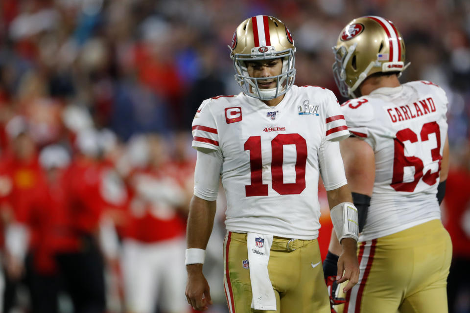 Jimmy Garoppolo #10 of the San Francisco 49ers reacts after being defeated by Kansas City Chiefs by 31 to 20 in Super Bowl LIV at Hard Rock Stadium on February 02, 2020 in Miami, Florida. (Photo by Kevin C. Cox/Getty Images)