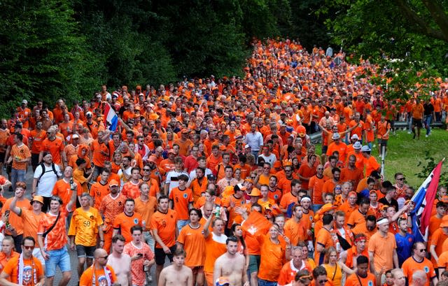 Lots of Netherlands fans walk in Dortmund