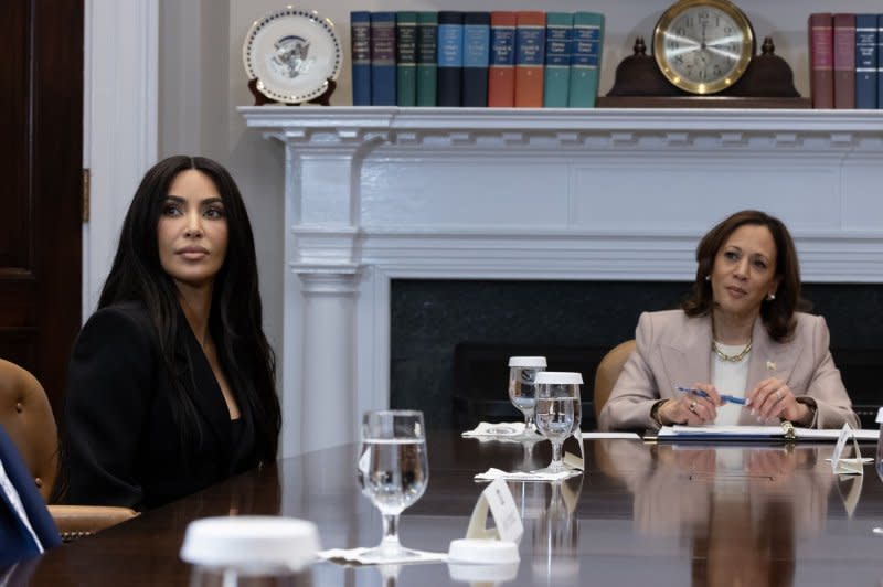 Vice President Kamala Harris attends an event with Kim Kardashian on Second Chance Month in the Roosevelt Room of the White House in Washington DC on Thursday, April 25, 2024. Photo by Michael Reynolds/UPI