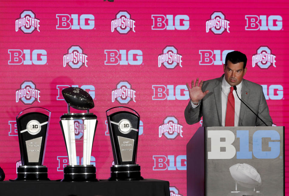 Ohio State head coach Ryan Day responds to a question during the Big Ten Conference NCAA college football media days Thursday, July 18, 2019, in Chicago. (AP Photo/Charles Rex Arbogast)