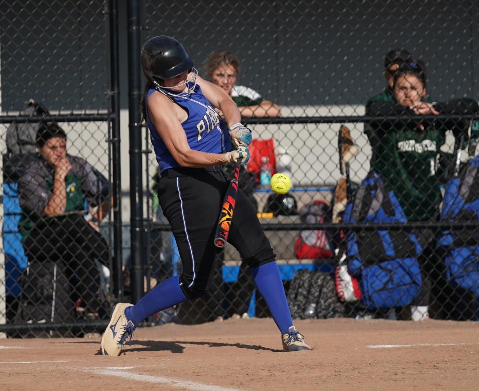 Pearl River's Cat Arnold (24) connects with a double during the opening round of Section 1 Class A softball action against Brewster at Pearl River High School in Pearl River on Thursday, May 18, 2023.  Pearl River advances with the 9-0 victory.