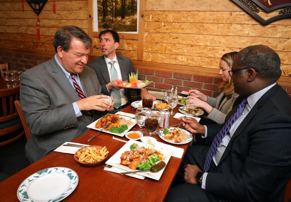 Westchester County Executive George Latimer; New Rochelle Mayor Noam Bramson; Sara Kaye, a New Rochelle Council Member and Kenneth Jenkins, the Deputy County Executive enjoy their lunch at Eden Wok on North Avenue in New Rochelle, March 5, 2020. They were there to speak to the press about eating out in public in the Wykagyl neighborhood in New Rochelle. 