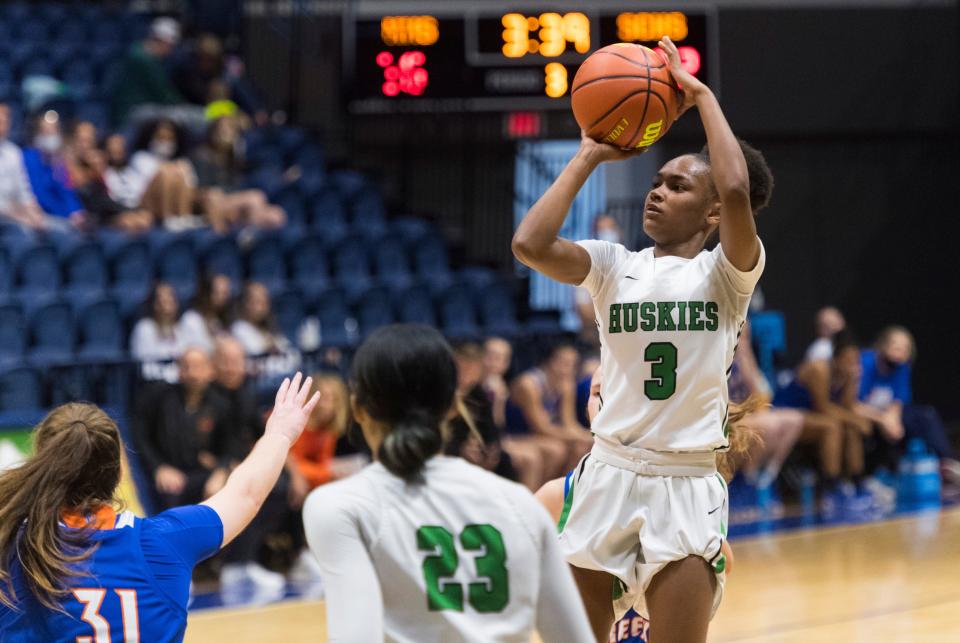 North’s Jaidn Green (3) takes a shot as the North Lady Huskies play the Silver Creek Lady Dragons during the United Fidelity Bank River City Showcase at the University of Southern Indiana’s Screaming Eagles Arena in Evansville, Ind., Saturday morning, Dec. 4, 2021. 