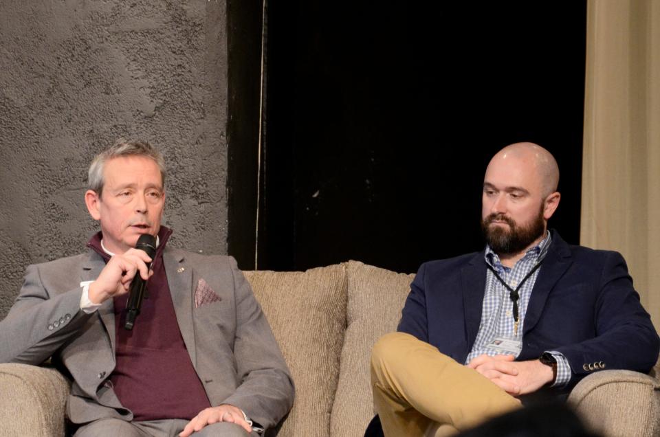 (From left) David “DJ” Jones, executive director for the Petoskey-Harbor Springs Area Community Foundation, and Peter Bucci, executive director of Harbor Hall, discuss philanthropy and community on Friday, Feb. 3, 2023 during the Petoskey State of the Community.