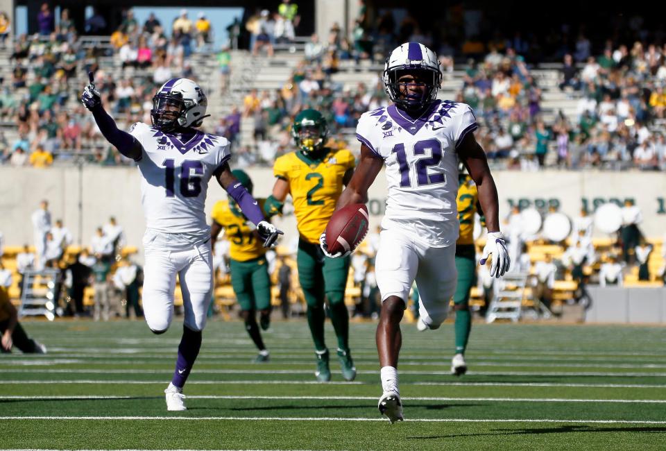 TCU's Derius Davis (12) has four career special-teams touchdowns, three on punt returns and one on a kickoff return. He's averaging 15.0 yards per punt return in his career, third among active FBS players.