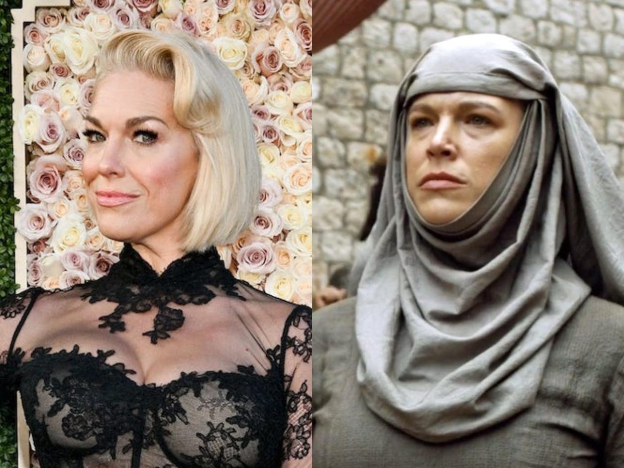 left; hannah waddingham in a black lady gown with a bustier and lacy collar, with sheer fabric filling in the gaps, her hair worn short and styled; right: waddingham as septa unella on game of thrones, dressed in a habit