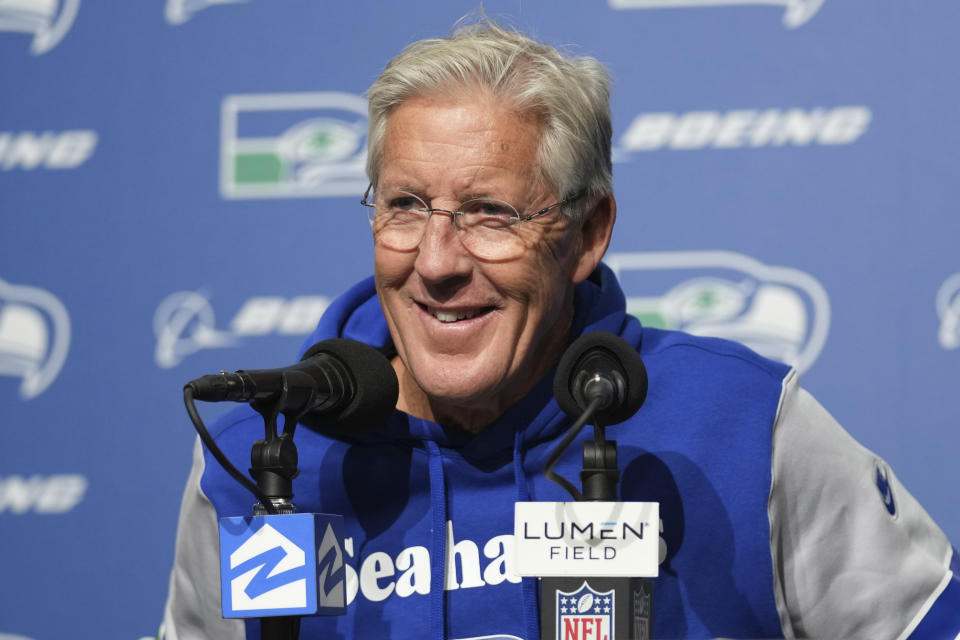 Seattle Seahawks head coach Pete Carroll speaks during a news conference following an NFL football game against the Cleveland Browns, Sunday, Oct. 29, 2023, in Seattle. (AP Photo/Ted S. Warren)