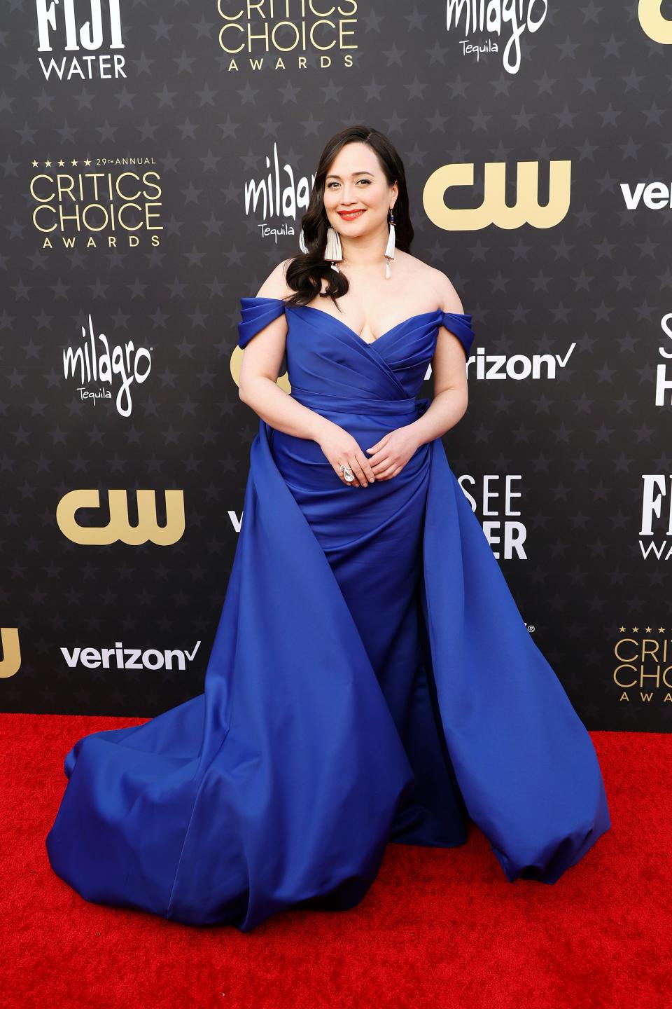 "Killers of the Flower Moon" star Lily Gladstone appears on the red carpet at the Critics Choice Awards Jan. 14, 2024, in Santa Monica, California.