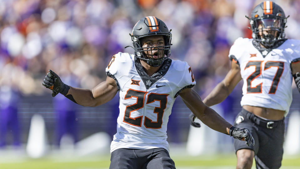 FILE - Oklahoma State cornerback Cameron Epps (23) is seen during an NCAA football game against TCU, Oct. 15, 2022, in Fort Worth, Texas. The Oklahoma State redshirt freshman safety had two interceptions in October 2023 against Kansas State, returning one for a touchdown. (AP Photo/Brandon Wade, File)