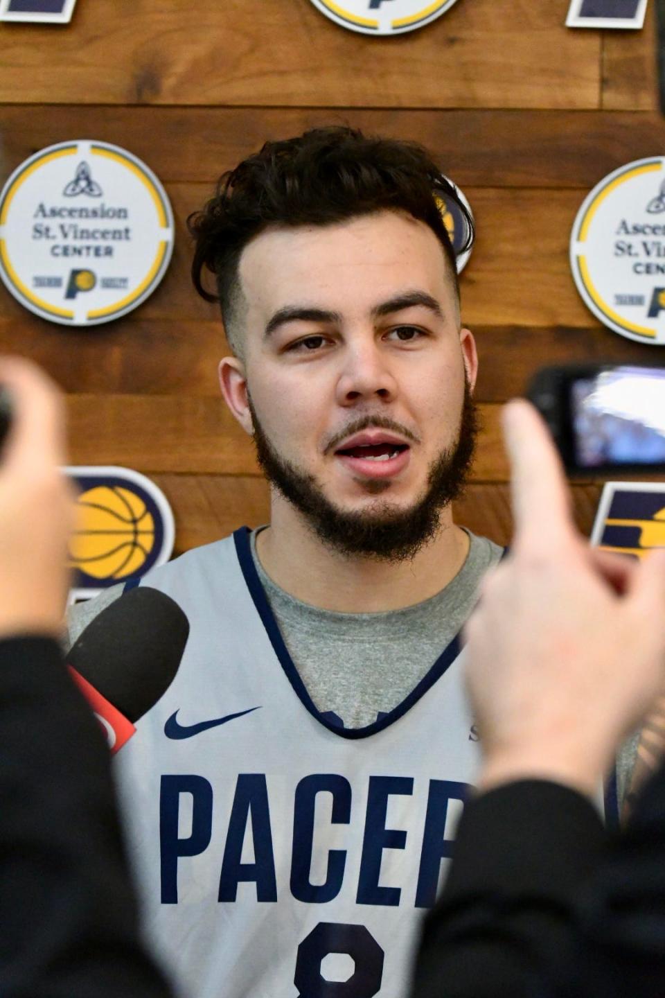 Gabe York speaks to the media after Pacers practice at Ascension St. Vincent Center in Indianapolis on April 7, 2022.