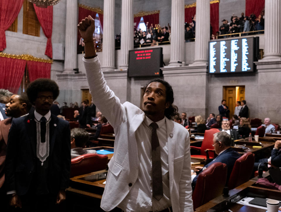 Democratic state Rep. Justin Jones of Nashville gestures during a vote on his expulsion from the state legislature at the State Capitol Building on April 6, 2023, in Nashville, Tennessee.  / Credit: Seth Herald / Getty Images