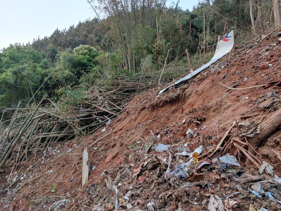 Plane debris is seen at the site where a China Eastern Airlines Boeing 737-800 plane flying from Kunming to Guangzhou crashed, in Wuzhou, Guangxi Zhuang Autonomous Region, China March 21, 2022. Picture taken March 21, 2022. China Daily via REUTERS  ATTENTION EDITORS - THIS IMAGE WAS PROVIDED BY A THIRD PARTY. CHINA OUT.