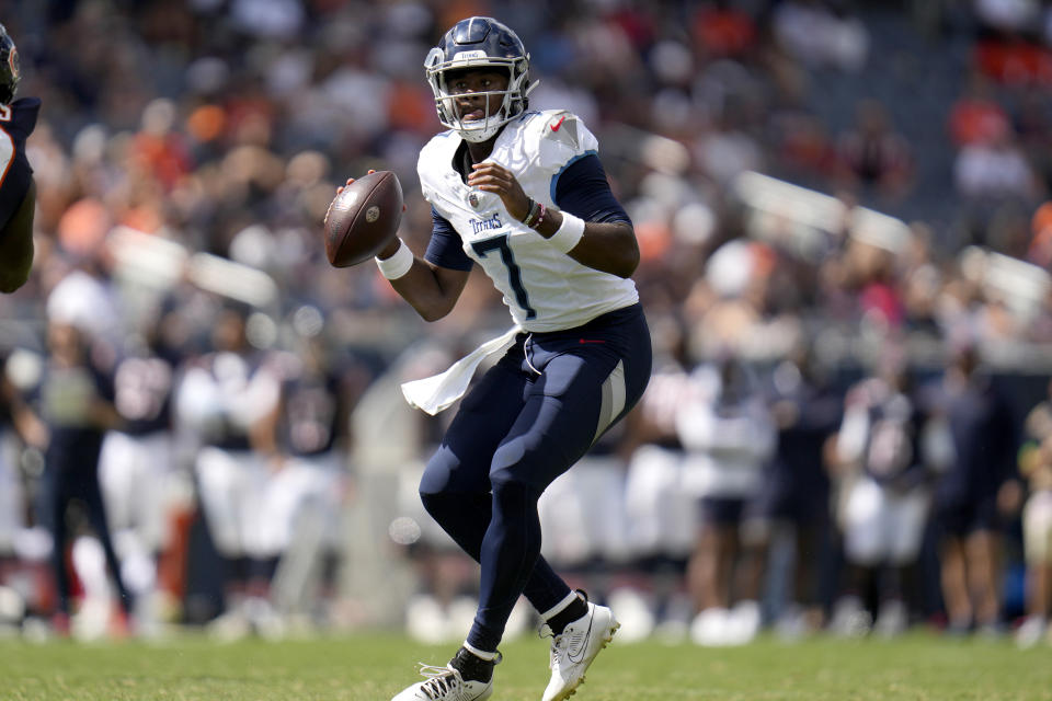 Tennessee Titans quarterback Malik Willis (7) looks to throw against the Chicago Bears during the second half of an NFL preseason football game, Saturday, Aug. 12, 2023, in Chicago. (AP Photo/Erin Hooley)