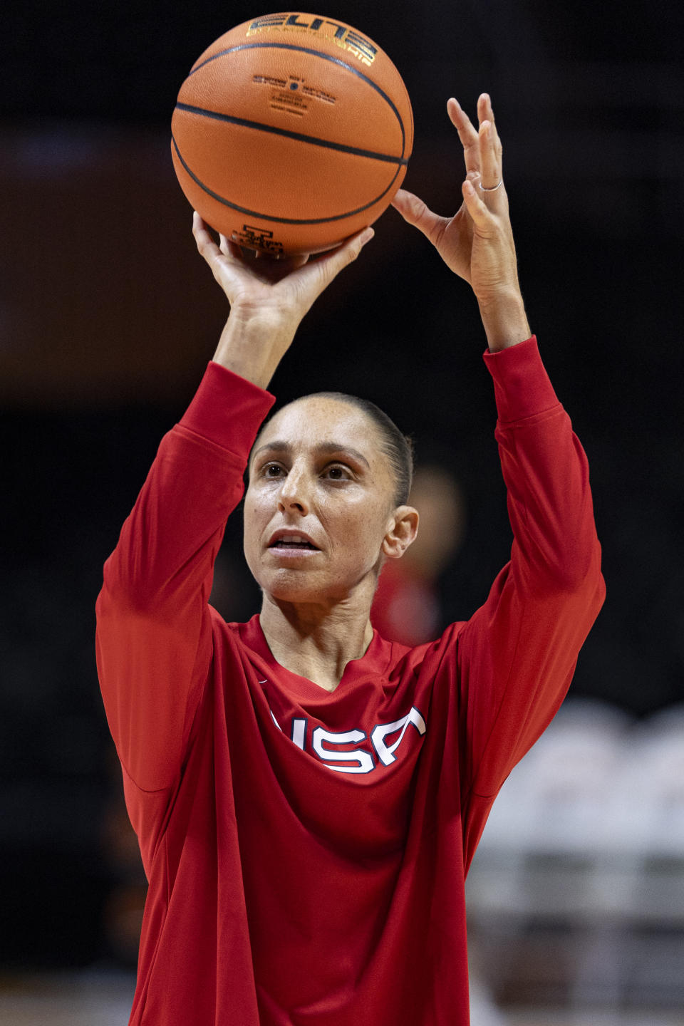 Team USA guard Diana Taurasi shoots during warmups before an NCAA college basketball exhibition game against Tennessee, Sunday, Nov. 5, 2023, in Knoxville, Tenn. (AP Photo/Wade Payne)