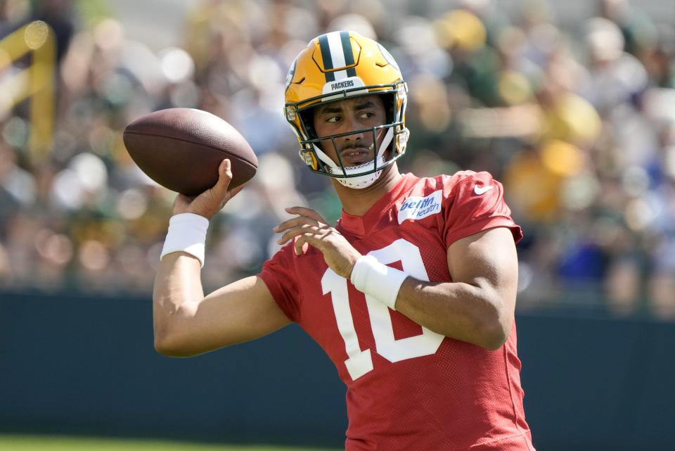 Green Bay Packers' Jordan Love throws during NFL football training camp Saturday, July 29, 2023, in Green Bay, Wis. (AP Photo/Morry Gash)