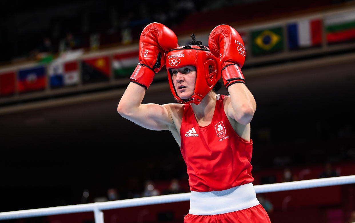 Tokyo , Japan - 30 July 2021; Kellie Harrington of Ireland during her women's lightweight round of 16 bout with Rebecca Nicoli of Italy at the Kokugikan Arena during the 2020 Tokyo Summer Olympic Games in Tokyo, Japan. (Photo By Stephen McCarthy/Sportsfile via Getty Images)