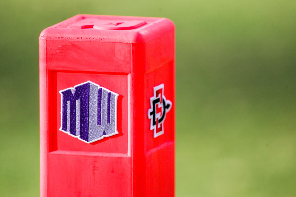 End zone markers with logos of the Mountain West and of the San Diego State Aztecs used during a game in 2016. (Kent Horner/Getty Images)