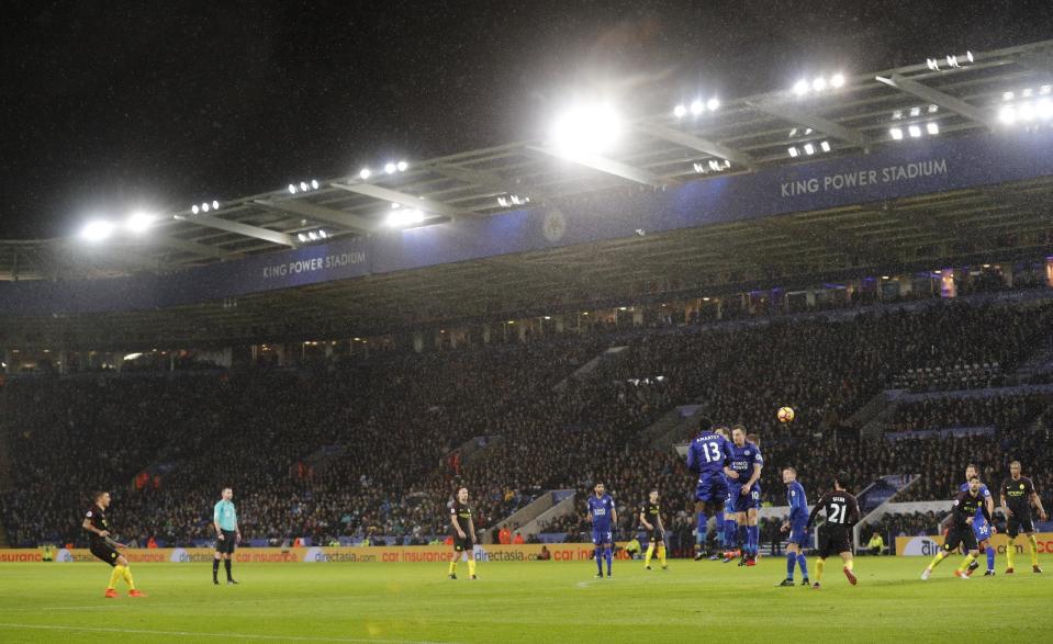 Football Soccer Britain - Leicester City v Manchester City - Premier League - King Power Stadium - 10/12/16 Manchester City's Aleksandar Kolarov scores their first goal Reuters / Darren Staples Livepic EDITORIAL USE ONLY. No use with unauthorized audio, video, data, fixture lists, club/league logos or "live" services. Online in-match use limited to 45 images, no video emulation. No use in betting, games or single club/league/player publications. Please contact your account representative for further details.