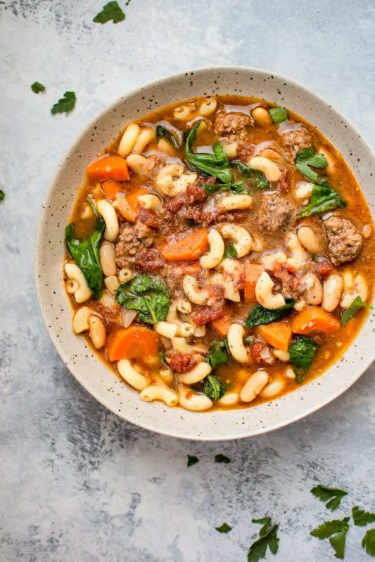 <p>Salt and Lavender</p><p>While this slow cooker soup calls for mild sausage, feel free to use hot ones or any other uncooked sausage that you fancy.</p><p><strong>Get the recipe: <a href="https://www.saltandlavender.com/crockpot-italian-sausage-soup/" rel="nofollow noopener" target="_blank" data-ylk="slk:Crock Pot Italian Sausage Soup;elm:context_link;itc:0;sec:content-canvas" class="link ">Crock Pot Italian Sausage Soup</a></strong></p>