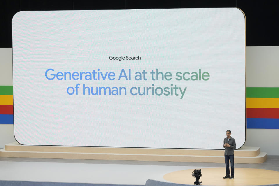 Alphabet CEO Sundar Pichai speaks at a Google I/O event in Mountain View, Calif., Tuesday, May 14, 2024. (AP Photo/Jeff Chiu)